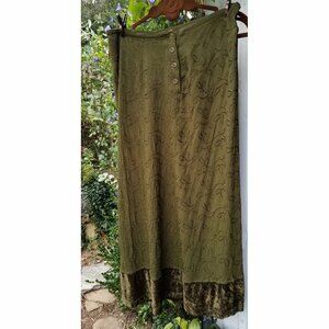Johnny Was Olive Green Embroidered Maxi Skirt with Velvet Trim, Size Small
